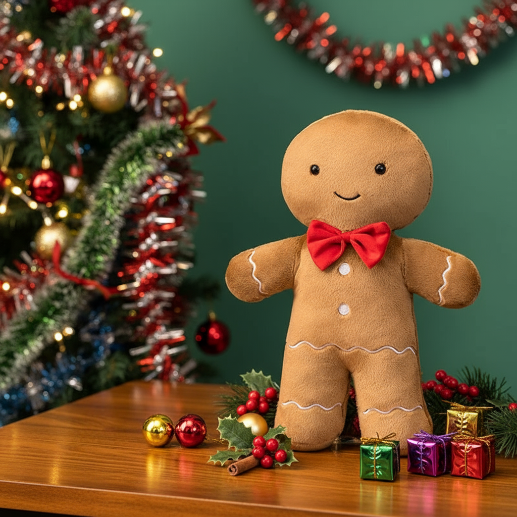 Plush gingerbread man toy with a red bow tie on a wooden table with Christmas decorations.