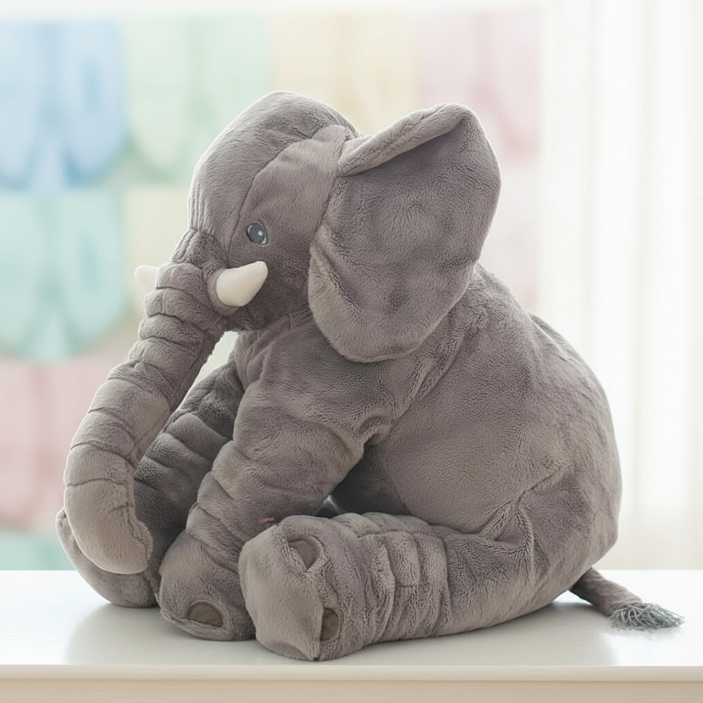 Plush elephant toy on a light surface with a blurred background