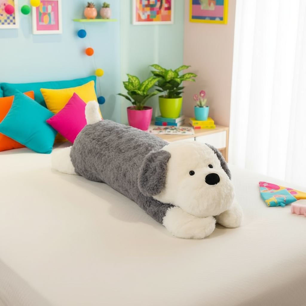 Grey dog plushie body pillow laying on a bed in colorful bedroom setting