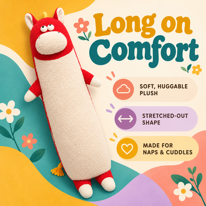 Happy-Go-Hippo body pillow benefits graphic reading Long on Comfort and highlighting soft huggable plush, a stretched-out shape, and use for naps and cuddles.