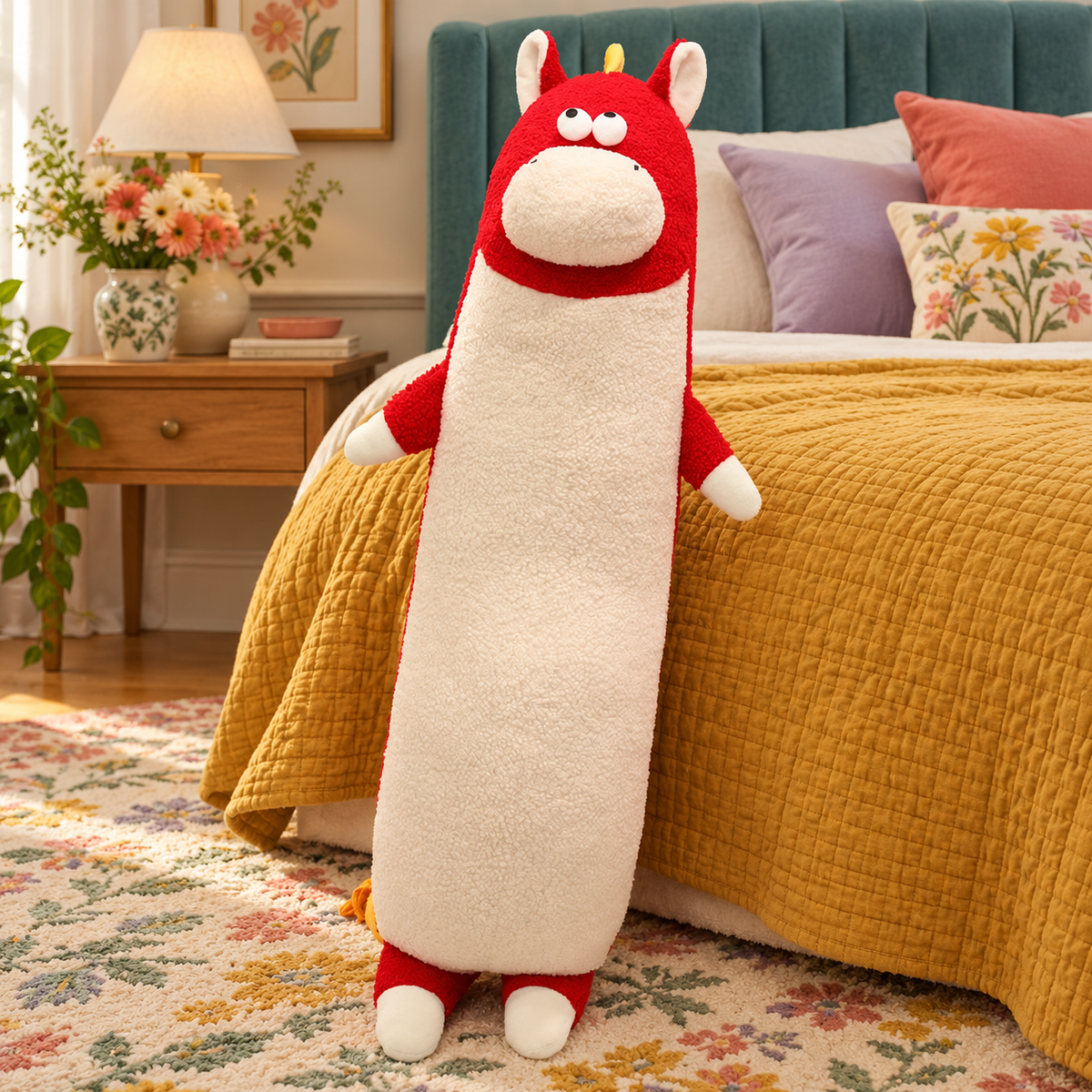 Cherry red and cream Happy-Go-Hippo body pillow standing upright beside a mustard bed, showing its oval muzzle, small arms, white feet, and yellow tassel tail.