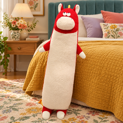Cherry red and cream Happy-Go-Hippo body pillow standing upright beside a mustard bed, showing its oval muzzle, small arms, white feet, and yellow tassel tail.