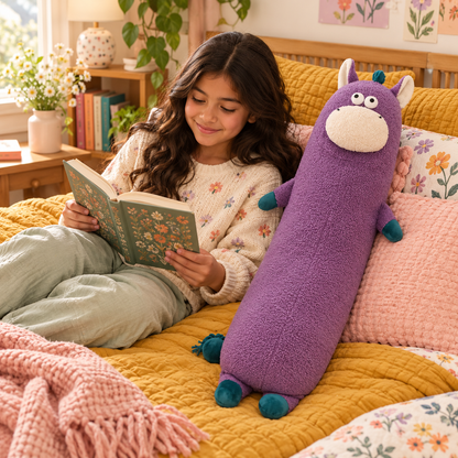 Young girl reading on mustard bedding beside a plum purple Happy-Go-Hippo body pillow with teal details in a colorful bedroom.