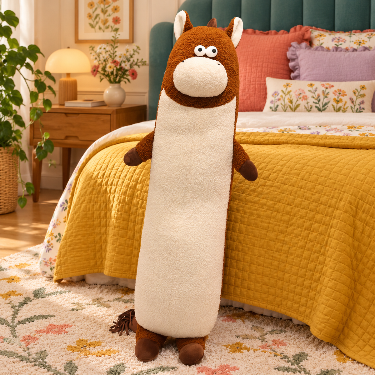 Cocoa brown and cream Happy-Go-Hippo plush body pillow standing upright beside a mustard bed, showing its oval muzzle, small arms, feet, and tassel tail.