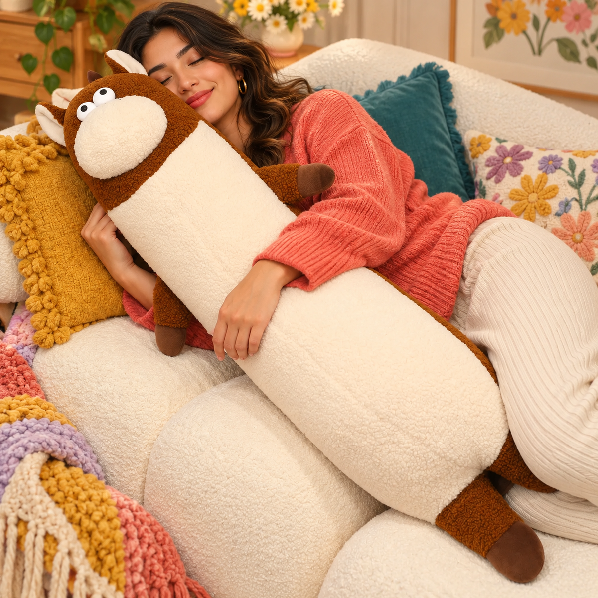 Woman in a coral sweater cuddling a cocoa brown and cream Happy-Go-Hippo body pillow on a sofa surrounded by colorful pillows and blankets.