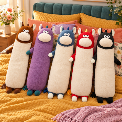 Five Happy-Go-Hippo plush body pillows in cocoa brown, plum purple, slate blue, cherry red, and midnight black standing together on a mustard bed in a colorful bedroom.