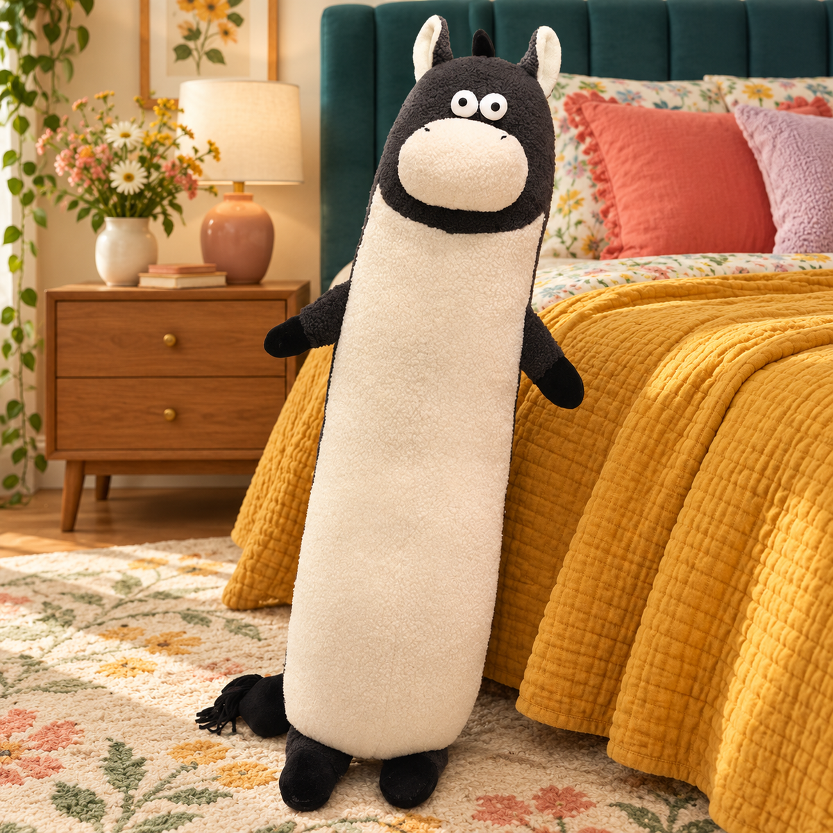 Midnight black and cream Happy-Go-Hippo plush body pillow standing upright beside a mustard bed with its oval muzzle, small arms, feet, and tassel tail visible.