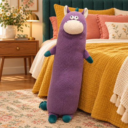 Plum purple Happy-Go-Hippo body pillow with teal arms, feet, mane, and tail standing upright beside a mustard bed in a colorful bedroom.