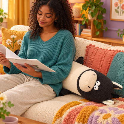 Woman with curly hair reading on a sofa with a midnight black and cream Happy-Go-Hippo body pillow resting beside her for lounging and size context.