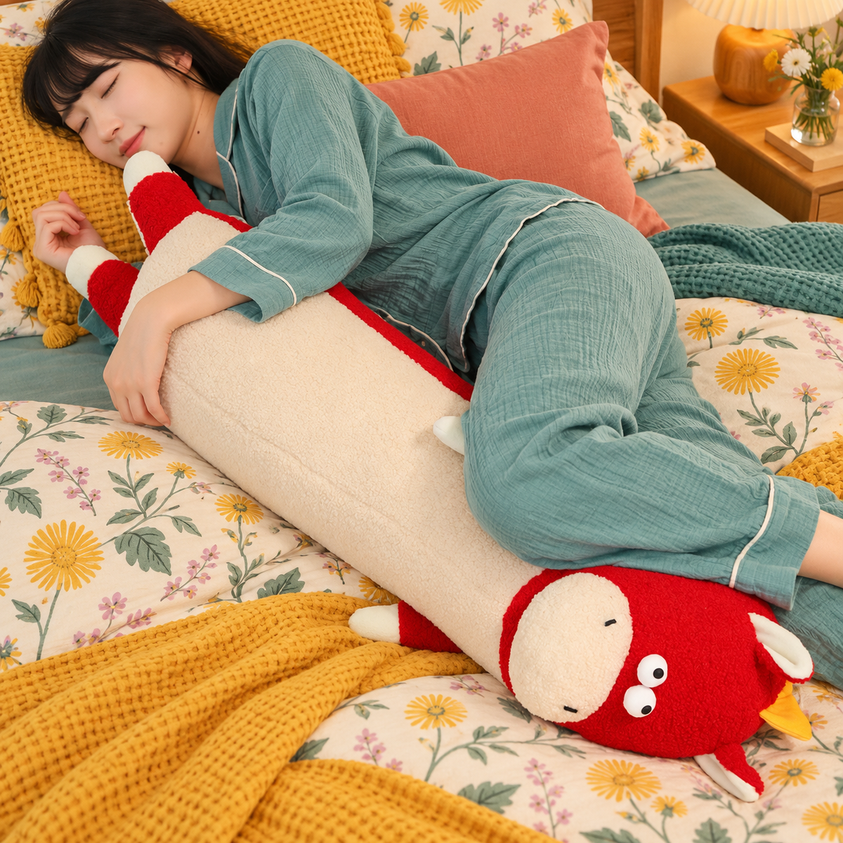 Woman in teal loungewear resting across a cherry red and cream Happy-Go-Hippo body pillow on floral bedding, showing its full 95cm / 3.1 feet scale in use.