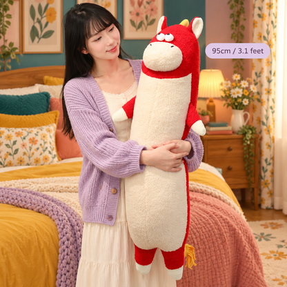 Woman holding a cherry red and cream Happy-Go-Hippo body pillow upright in a colorful bedroom beside a 95cm / 3.1 feet size label.