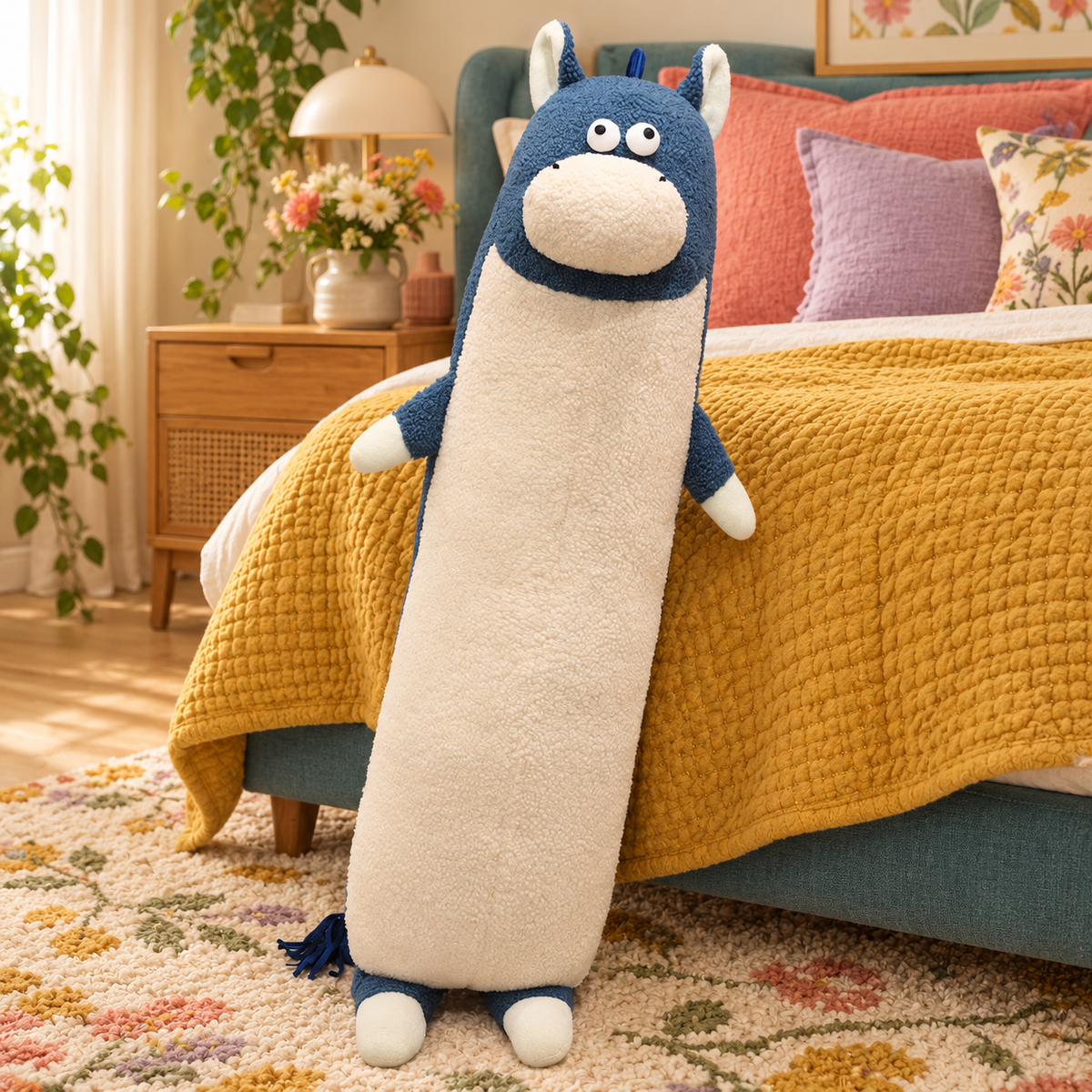 Slate blue and cream Happy-Go-Hippo plush body pillow standing upright beside a mustard bed, showing its long body, oval muzzle, small arms, feet, and tassel tail.