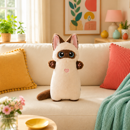 Siamese Heart Paws cat plushie with charcoal body and bright green accents sitting upright on a cream sofa.