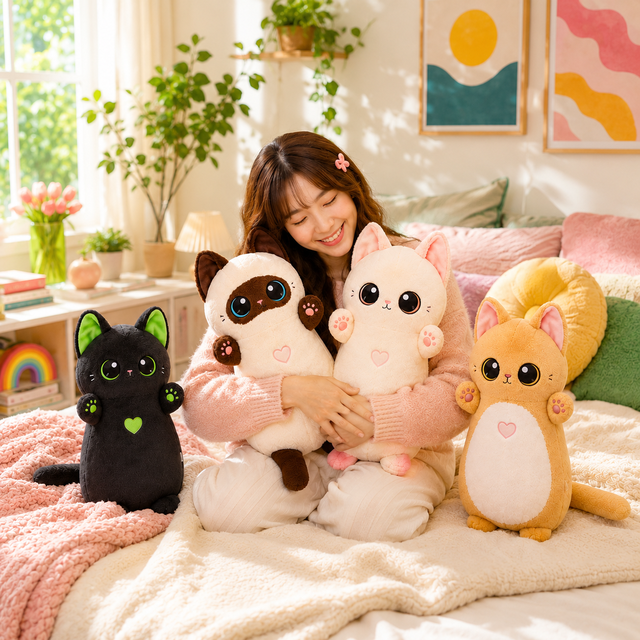 Woman cuddling Heart Paws cat plushies on a colorful cream bed with all four cat color variants nearby.