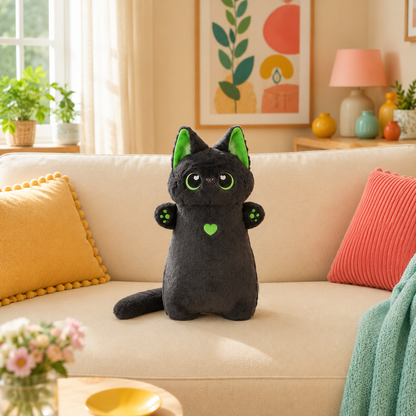 Black and Green Heart Paws cat plushie with cream body and brown accents sitting upright on a cream sofa in a colorful living room.