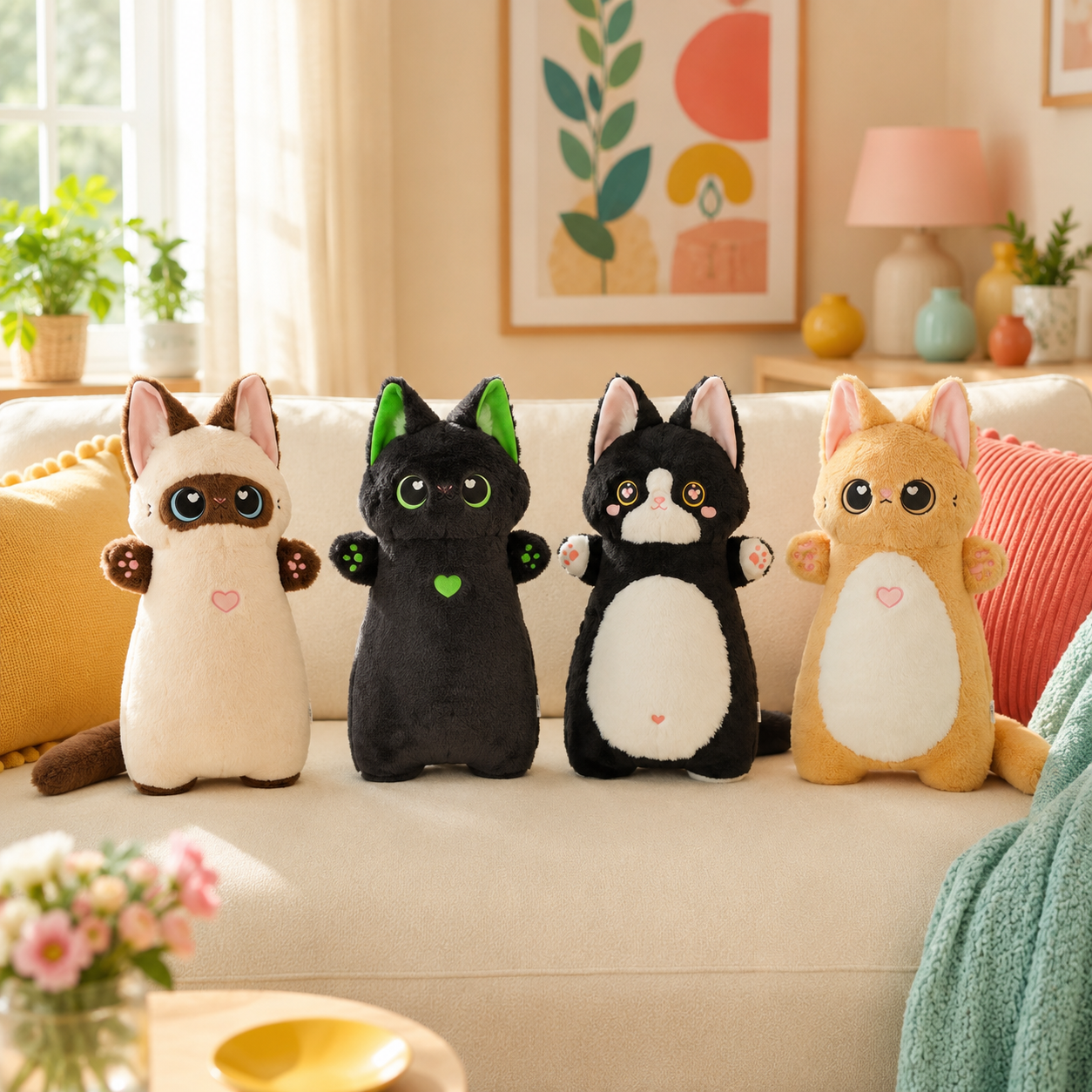 Siamese, Midnight Green, Tuxedo Pink, and Golden Heart Paws cat plushies together on a cream sofa in a colorful living room.