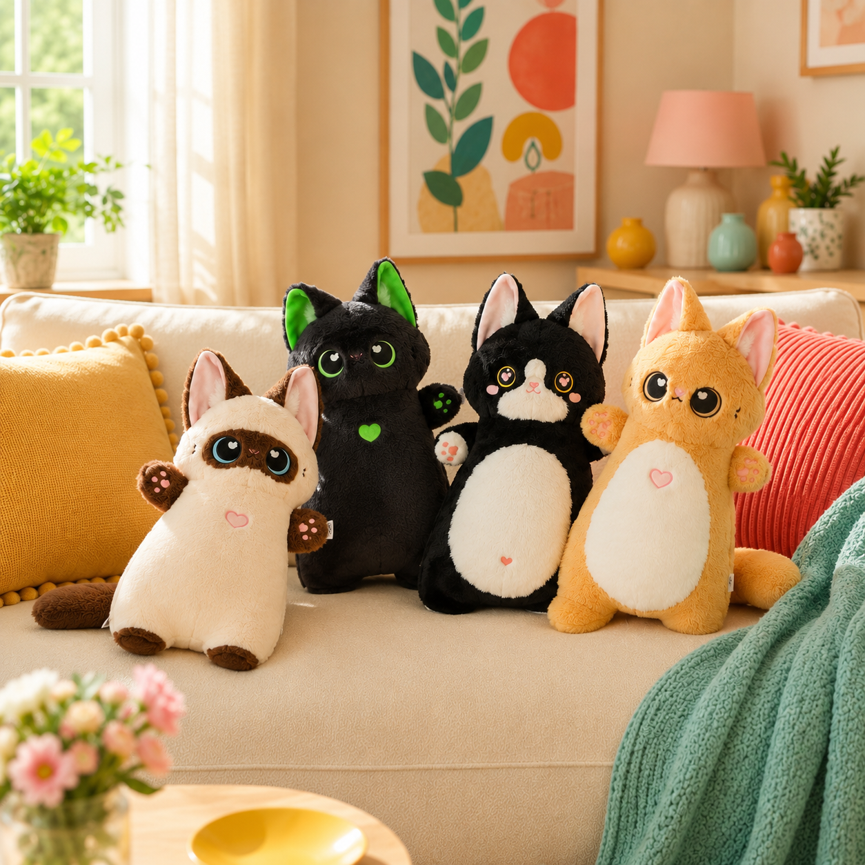 Four Heart Paws cat plushie color styles arranged together on a cream sofa with colorful pillows and a teal throw.
