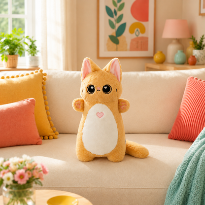 Golden Heart Paws cat plushie with warm golden body, white belly, and pink accents sitting upright on a cream sofa.