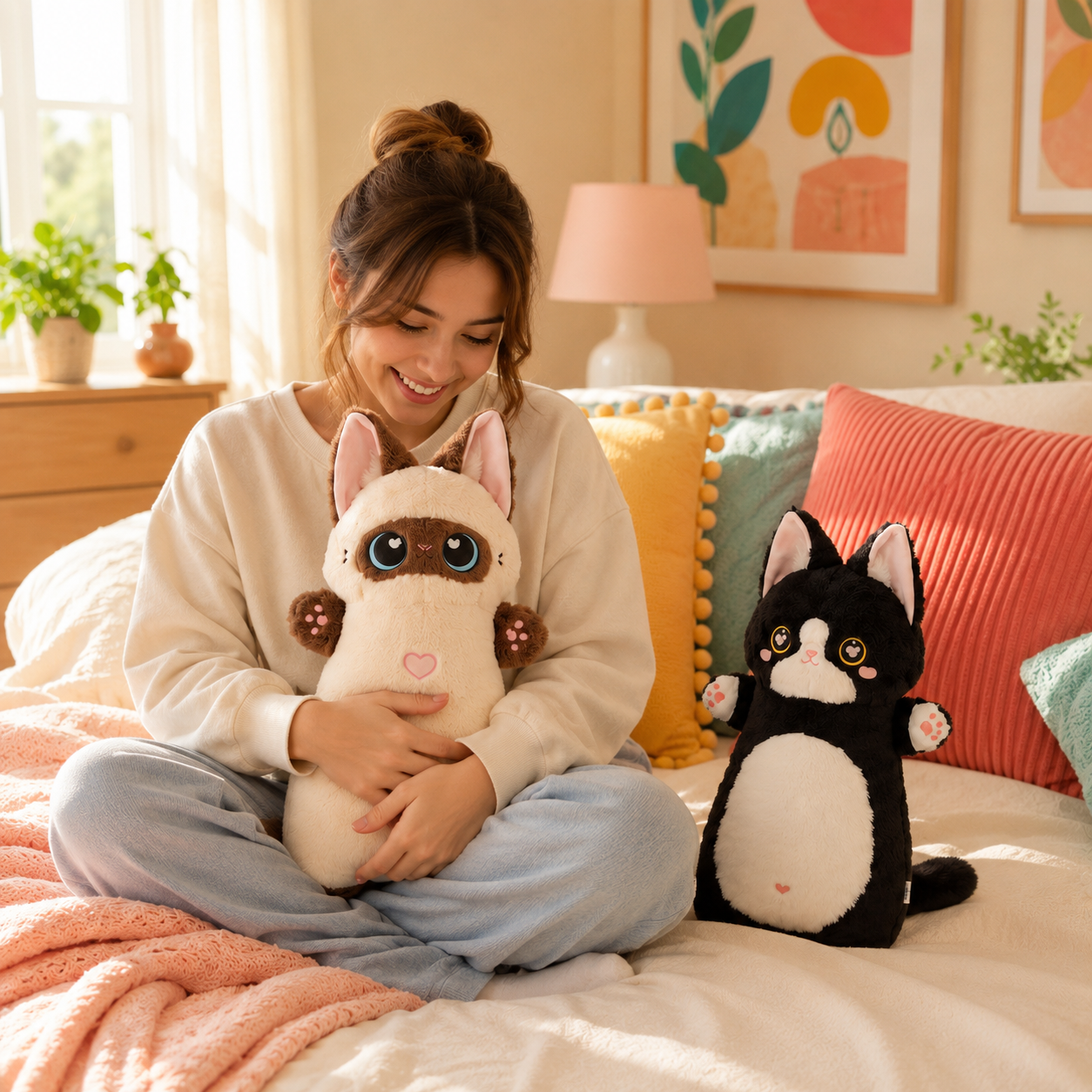 Woman cuddling a Siamese Heart Paws cat plushie on a colorful bed with a Tuxedo Pink plushie nearby for scale.
