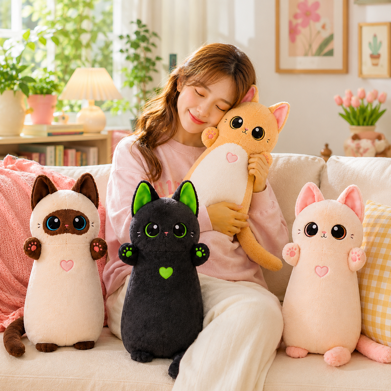 Woman cuddling a golden Heart Paws cat plushie on a cream sofa with Siamese, Midnight Green, and Tuxedo Pink variants nearby.