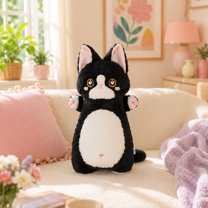 Tuxedo Pink Heart Paws cat plushie with black and white body and pink accents sitting upright in a bright pastel room.