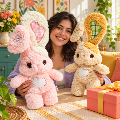 Woman holding Pink Cream and Honey Cream Heartstitched Bunny Plushies beside a gift box
