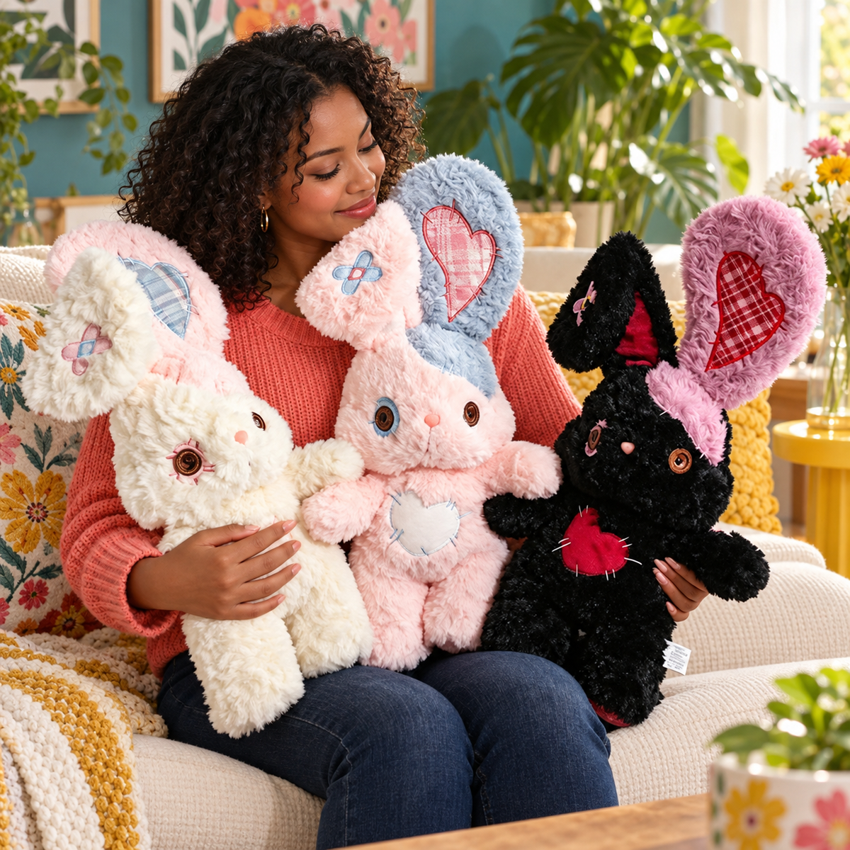 Woman holding three Heartstitched Bunny Plushies