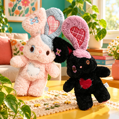 Heartstitched Bunny Plushies displayed in a colorful room