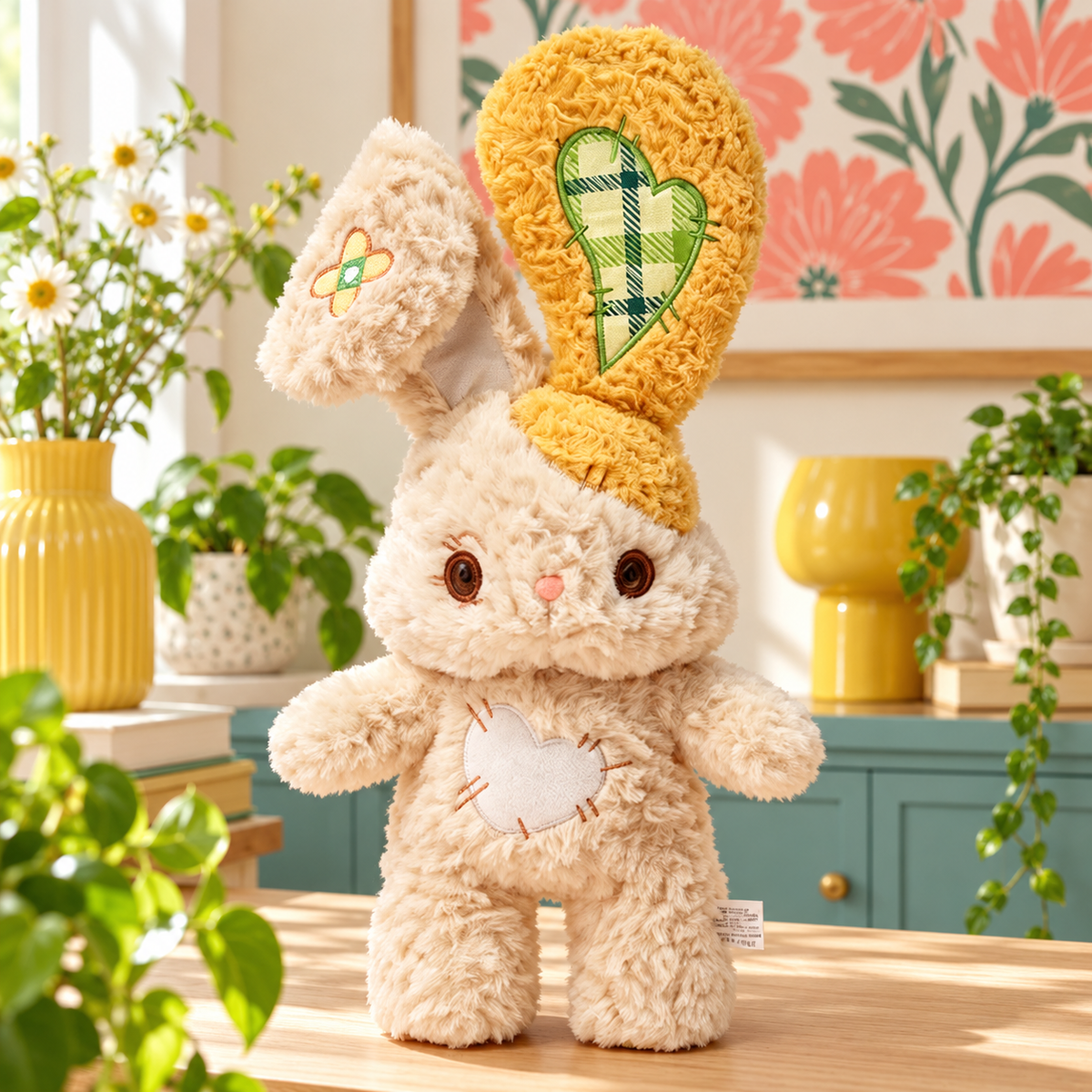 Honey Cream Heartstitched Bunny Plushie with plaid ear patch