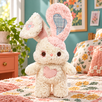 Ivory Blush Heartstitched Bunny Plushie with patchwork ears