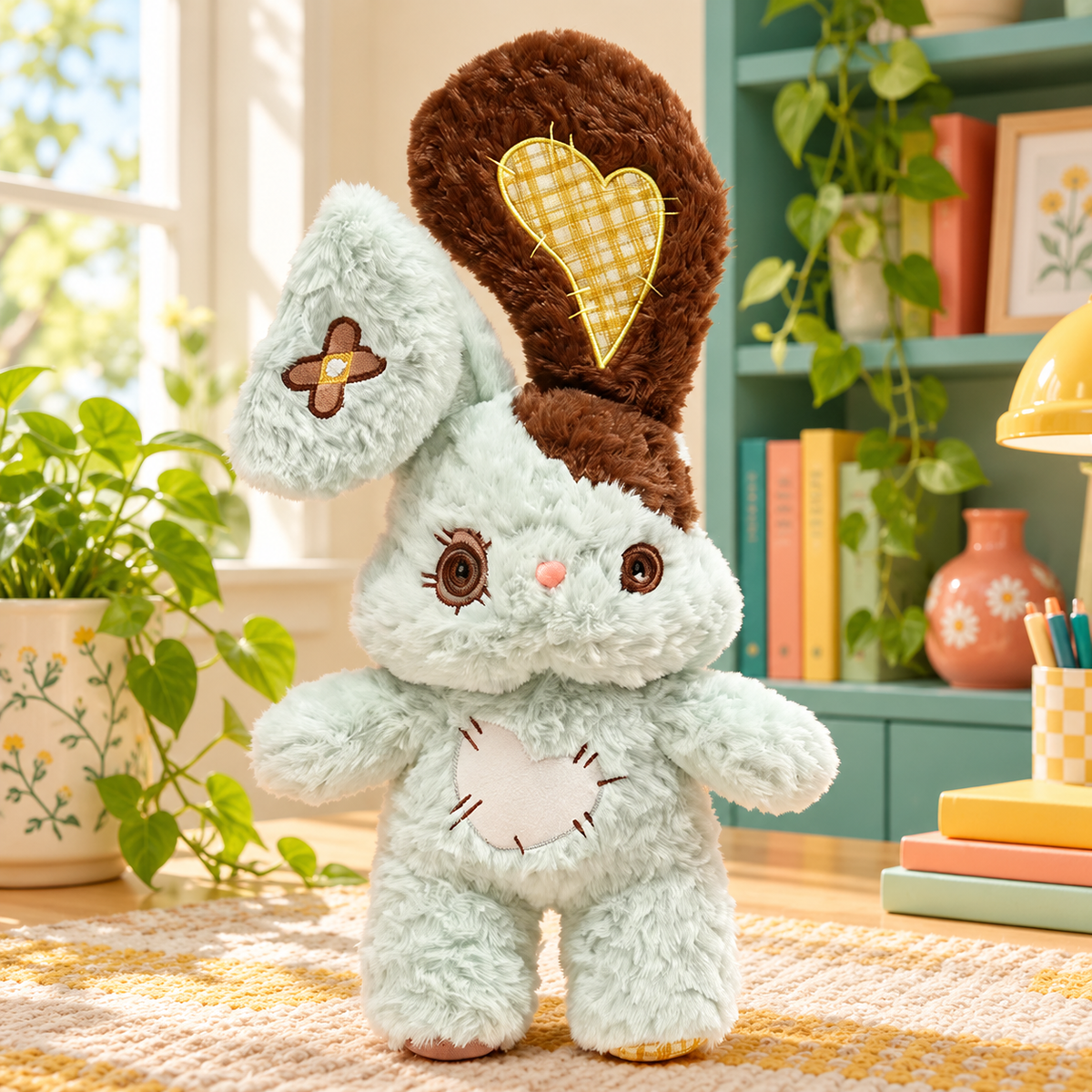 Mint Cocoa Heartstitched Bunny Plushie with brown patchwork ear