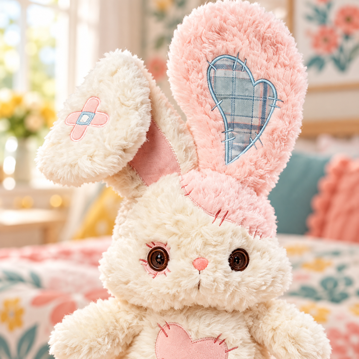 Patchwork ears and shaggy-soft fur on Heartstitched Bunny Plushie
