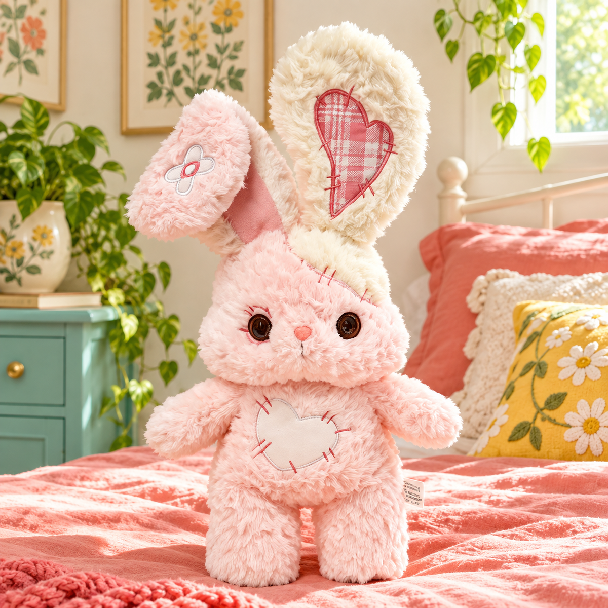 Pink Cream Heartstitched Bunny Plushie with floppy ears