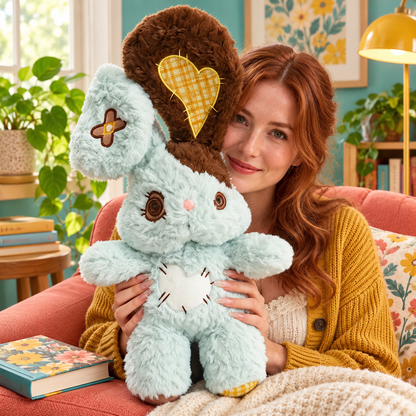 Reader relaxing with an Ivory Blush Heartstitched Bunny Plushie
