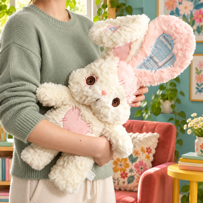 Heartstitched Bunny Plushie held naturally to show its size