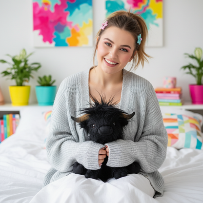 Woman holding a black plush toy in a colorful room