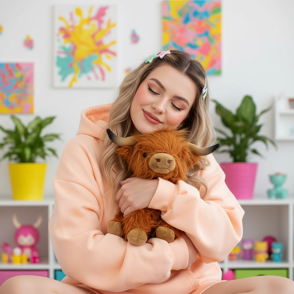 Woman holding a fluffy brown highland cow toy in a colorful room with plants and shelves.