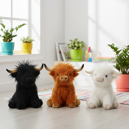 Three fluffy plush highland cow toys in black, orange, and white on a light wooden floor with plants in the background.