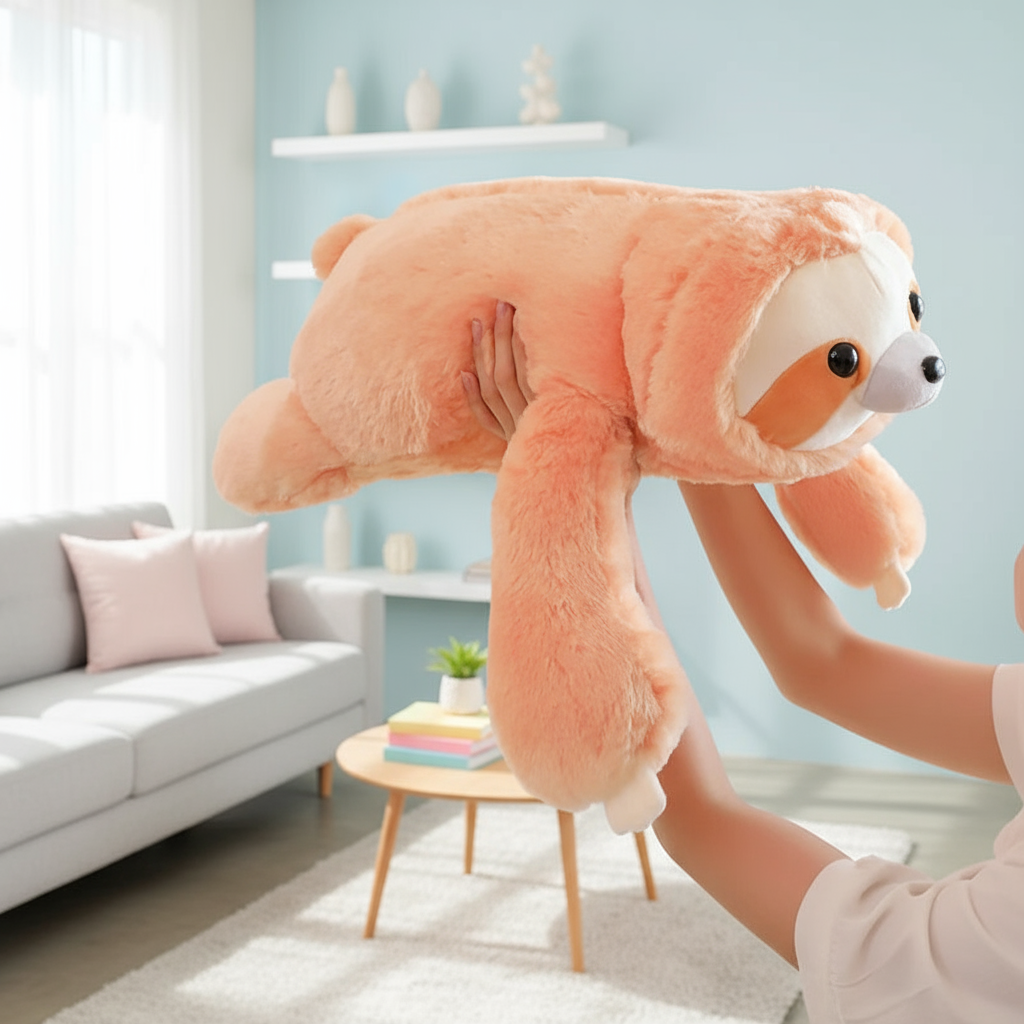 Person holding a large plush sloth toy in a living room.