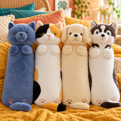 Blue gray cat, calico cat, golden retriever, and husky Hug-Me body pillows arranged together on mustard bedding, showing their faces, paws, and tails.