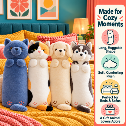 Made for Cozy Moments benefits banner with four Hug-Me cat and dog body pillows, highlighting a long huggable shape, soft plush, lounging, and gifting.