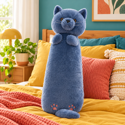 Blue gray cat Hug-Me plush body pillow standing on mustard bedding, showing its rounded face, short front paws, and pink paw embroidery.
