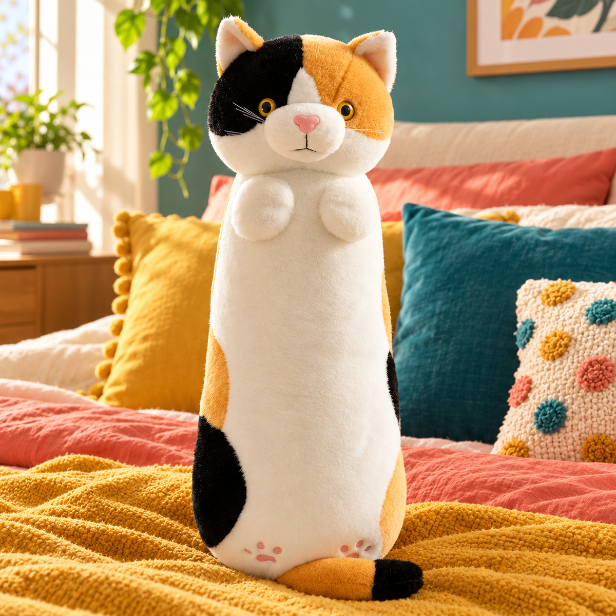 Calico cat Hug-Me body pillow with orange, black, and white patches, embroidered face, and small paws in a colorful bedroom.