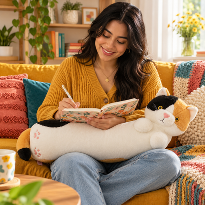 Woman journaling on a colorful bed with a calico Hug-Me animal body pillow resting across her lap.