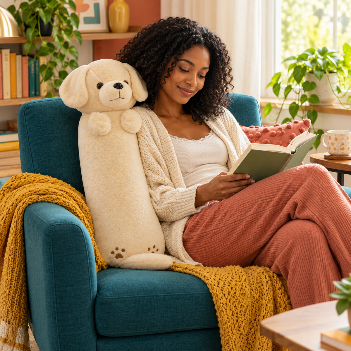 Woman reading in a teal armchair with a cream golden retriever Hug-Me body pillow beside her and a mustard blanket across her lap.
