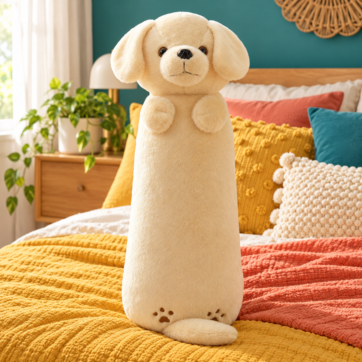 Cream golden retriever Hug-Me plush body pillow with floppy ears, small resting paws, and a long rounded body on colorful bedding.