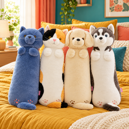 Four Hug-Me long animal plush body pillows—blue gray cat, calico cat, golden retriever, and husky—on mustard bedding in a colorful bedroom.