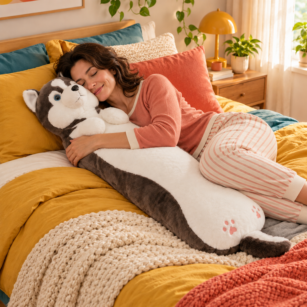 Woman in a coral top cuddling a gray and white husky Hug-Me body pillow while resting on mustard and coral bedding.