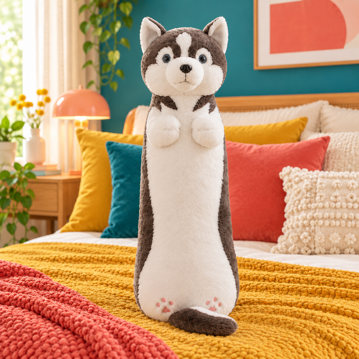 Gray and white husky Hug-Me plush body pillow with upright ears, embroidered eyes, and a long soft body on mustard and coral bedding.