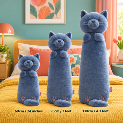 Blue gray cat Hug-Me body pillows in three sizes on mustard bedding, labeled 60 cm / 24 inches, 90 cm / 3 feet, and 130 cm / 4.3 feet.
